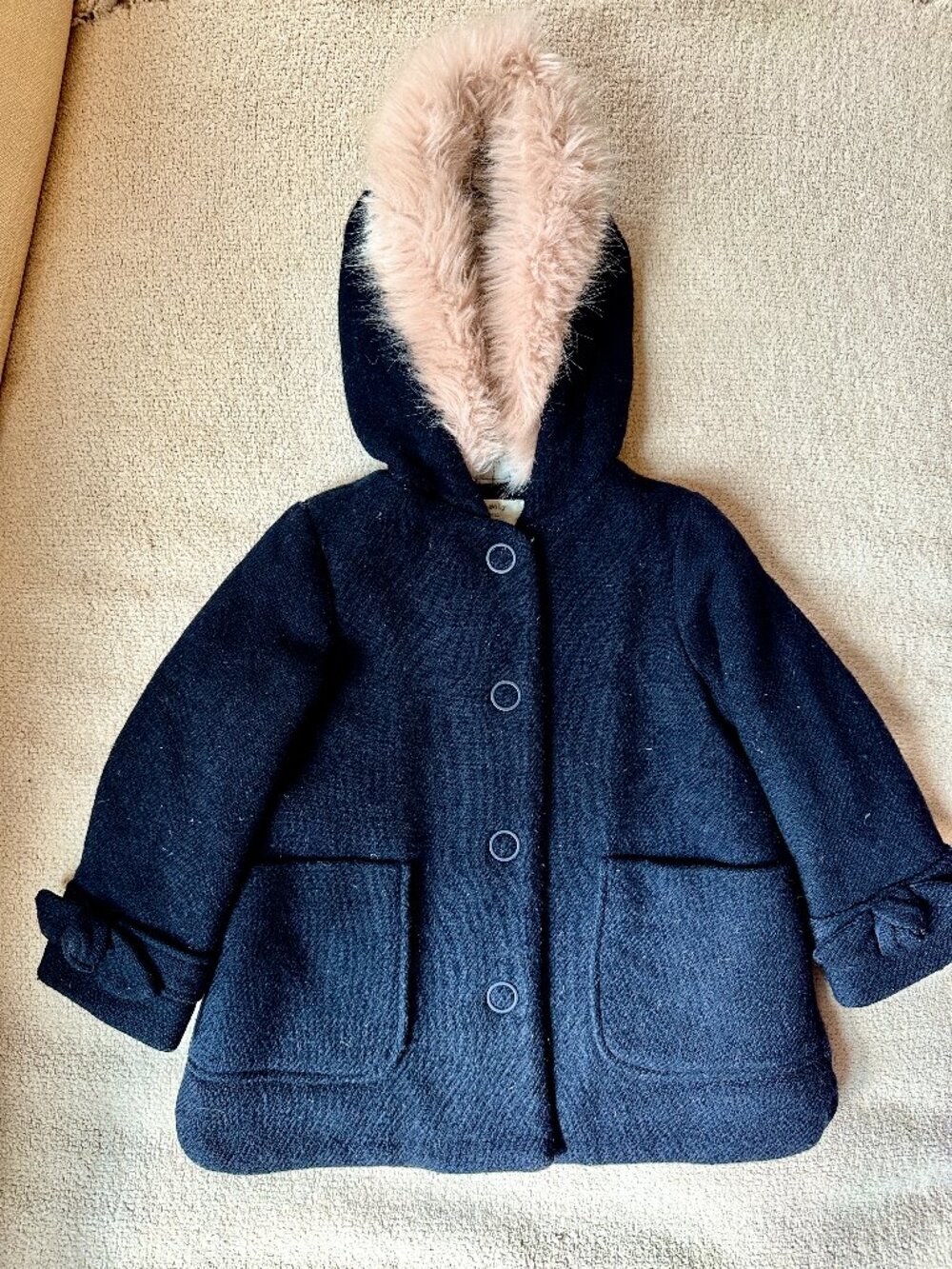 Zara girls navy blue coat with pink faux fur hood 2/3 yrs